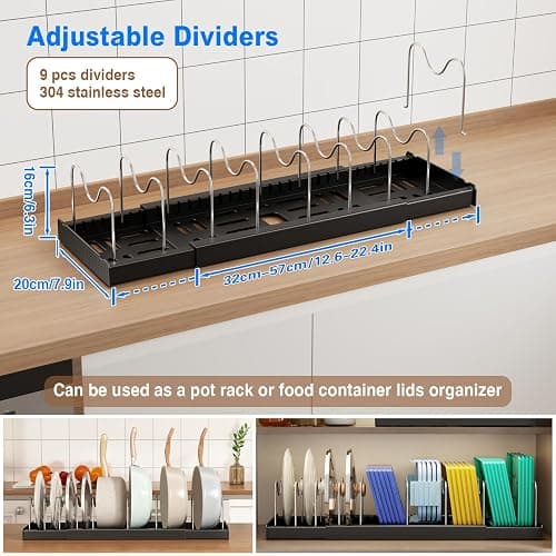 Mustorn 2 Pack Pots and Pans Organizer under Cabinet, 22" Expandable Food Storage Container Lid Organizer with 9 Adjustable Stainless Steel Dividers, ABS Base, Countertop Rack, Black thumbnail 2