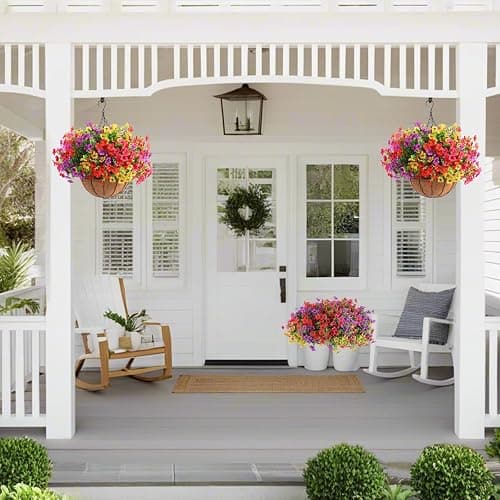 Hananona 2 Set Artificial Outdoor Flowers with Hanging Basket, 2 Hanging Planters with 24 Pcs Flowers for Spring Summer Front Porch Garden Patio Home Decor (2, Red, Purple, Yellow, Rose Red) thumbnail 2