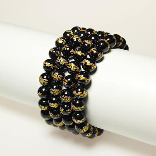 MJDCB Natural Stone Beads 8mm 43pcs Round Black Onyx Carved Dragon Loose Gemstone Bead Charms for Jewelry Making Bracelet Necklace Earring Pendant thumbnail 7