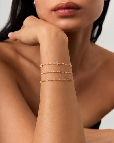 HABIKIP 14K Gold Plated Bracelet for Women, Stackable Link Bracelet Set | Adjustable Minimalist Bracelet with Cubic Zirconia, Dainty Layered Waterproof Jewelry, Trendy Gifts thumbnail 3