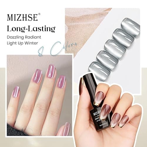 MIZHSE Cat Eye Gel Nail Polish, 8 Colors Moonlight Magnetic Gel Polish Set with Magnet Stick, Glassy Effect Crystal Holographic Silver Brown Green Purple Fall Colors Soak Off Nail Art Gift for Women thumbnail 5