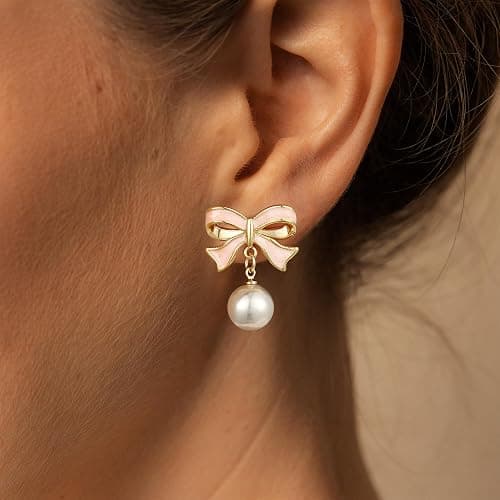 JIAOGE Easter Gifts for Kids Teen Girls - Gold Earrings for Women Girls Bow Earring Jewelry Huggie Hoop Stud Earrings Hypoallergenic CZ Pearl Drop Bow Earring Gifts for Girls Wedding Birthday Gifts thumbnail 5
