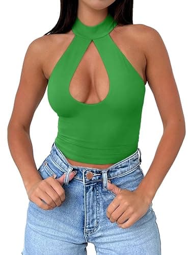 REORIA Women's Sexy Going Out Halter Neck Crop Tops Trendy Cut Out Sleeveless Y2K Nightout Clubwear Tank Tops thumbnail 3