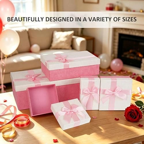 Pink Christmas Gift Box Set with Bow & Lid - 6 Sizes Birthday/Anniversary | Sturdy paperboard boxes, elegant bow & lid, 6 sizes (4.7-11.8"), classic colors. Bulk set for men, women, kids. thumbnail 6