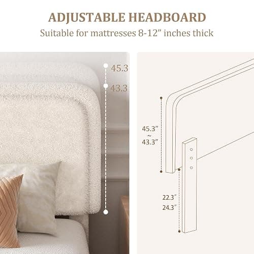 SwnftWinnt Queen Size Boucle Bed Frame with Adjustable Headboard, Upholstered Cloud Platform Bed, Anti-Collision Soft Rounded Corners, No Box Spring Needed, Easy Assembly, Noise Free, Beige thumbnail 4