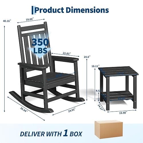 Garvee HDPE Rocking Chair Outdoor Set of 2 with Side Table - Poly High Back Porch Rocker Chairs for Adults - All Weather Resistant Furniture for Patio Front Porch - Black thumbnail 2