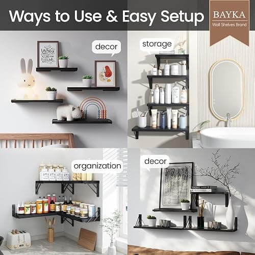 BAYKA Wall Mounted Floating Shelves, Wood Floating Wall Shelf for Books & Decor, Small Space-Saving Display & Organizer（Black，Set of 4） thumbnail 3