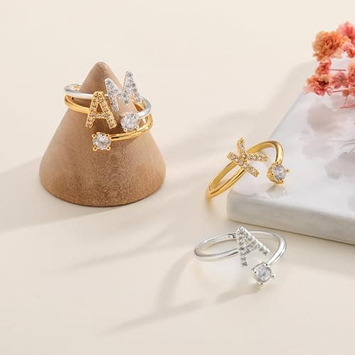 Gold Silver Initial Rings for Women Non Tarnish Dainty 14k Gold Plated Stackable Rings for Women Trendy Adjustable Capital Letter Cubic Zirconia Thumb Pinky Ring Unique Cute Open Birthday Gift Jewelry thumbnail 5