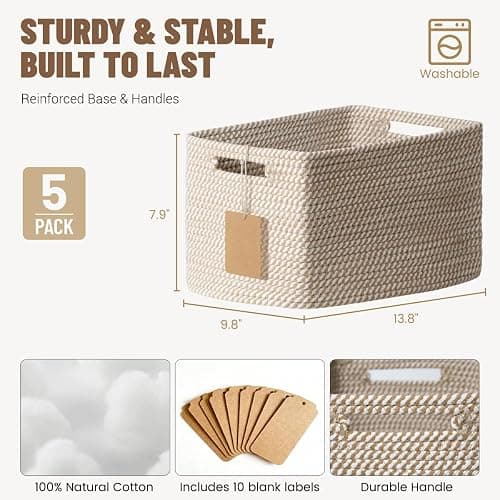 5 Pack Woven Storage Baskets for Shelves, Decorative Basket Organizer Storage Bins for Toys, Books, Clothes, Closet, Nursery, Bathroom – Cotton Rope Shelf Baskets for Organizing and Decor, Khaki thumbnail 3