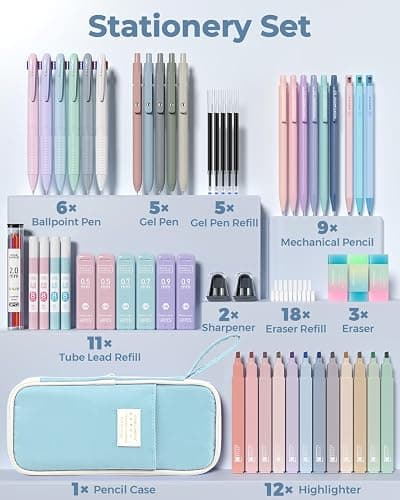 Four Candies 56 PCS Aesthetic School Supplies with Cute Pencil Case, 6 Multicolor Pen, 12 Pastel Highlighters, 5 Gel Pens Black Ink, 9 Mechanical Pencils for Student Stationary Set Preppy Stuff (Blue) thumbnail 2