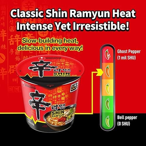 Nongshim Shin Ramyun Cup of Noodles, Spicy Signature Korean Instant Ramyun, Rich Beef Flavored Broth, Quick and Easy, Microwaveable Cup, 2.64 oz (Pack of 6) thumbnail 7