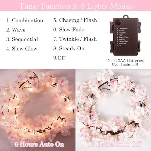 obbsie 6FT Lighted Cherry Blossom Garland with 100 Fairy Lights Timer Battery Operated Artificial Cherry Blossom Flower Vines with Lights for Mantle Home Fireplace Wedding Party Office Decor thumbnail 4