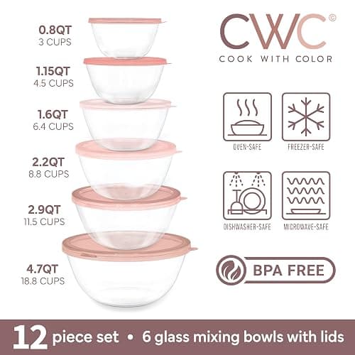 COOK WITH COLOR 12 Pc Glass Mixing Bowl Set with Lids – Borosilicate Glass Nesting Bowls for Cooking, Baking and Meal Prep, Pink thumbnail 3