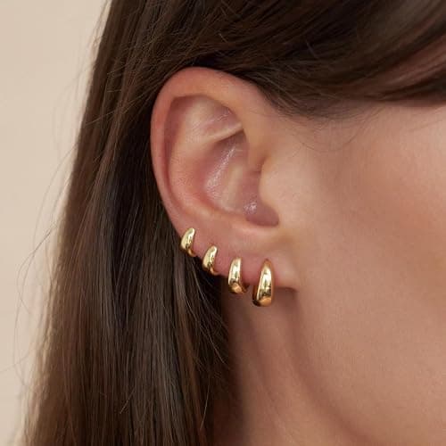 CHESKY 4 Pairs Small Huggie Hoop Earrings for Women - Chunky 14K Gold Plated/Silver Plated Lightweight Earring Stacks Cartilage Hoop Earrings Set for Multiple Piercing Trendy Jewelry - Image 1
