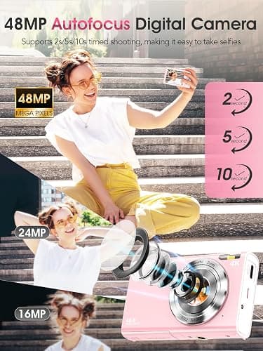 Digital Camera,4K Autofocus Point and Shoot Digital Camera with 32GB Card,48MP Portable Compact Camera Photography for Teens Adult Beginner with 16X Zoom,Anti-Shake,2 Batteries(Pink) thumbnail 2