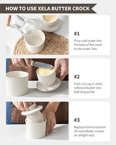 XELA - Ceramic Butter Crock - Butter Dish with Lid for Countertop - Keep Your Butter Perfectly Spreadable 24/7 - Embossed - Speckled White thumbnail 6
