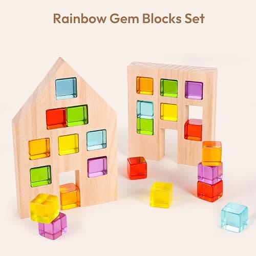 Woodtoe 24 PCS Rainbow Blocks Set, Wooden Building Blocks for Kids Ages 3-6 | Montessori Stacking Toy, Educational STEM Sensory Activity, Creative Building Game, 2 Wood House, Birthday Toy for Boys Girls thumbnail 4