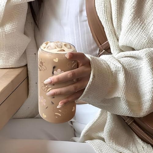 SANDJEST Bee 16oz Can Glass Tumbler with Acrylic Lid & Straw - Iced Coffee Cup for Women Girls, Aesthetic Cups Gifts for Birthday Christmas thumbnail 7
