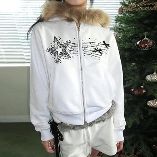 HOHOPEACH Y2k Zip Up Hoodie Fur Jackets Winter Coats Teen Emo Grunge 2000s Clothes Vintage Streetwear Women thumbnail 7