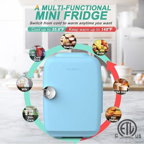 CROWNFUL Mini Fridge, 4 Liter/6 Can Portable Cooler and Warmer Personal Fridge for Skin Care, Cosmetics, Food,Great for Bedroom, Office, Car, Dorm, ETL Listed (Blue) thumbnail 4
