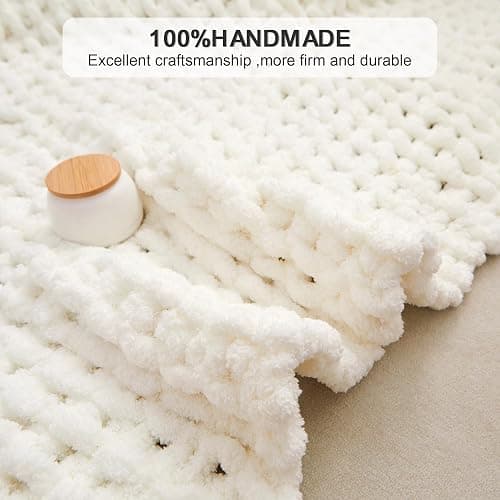 Mooreeke Chunky Knit Blanket 40"x50" White Cream Soft Washable Chenille Throw Blanket Cozy 100% Handmade Crochet Blankets with Jumbo Chenille Yarn for Couch Bed Sofa Room Decor thumbnail 4