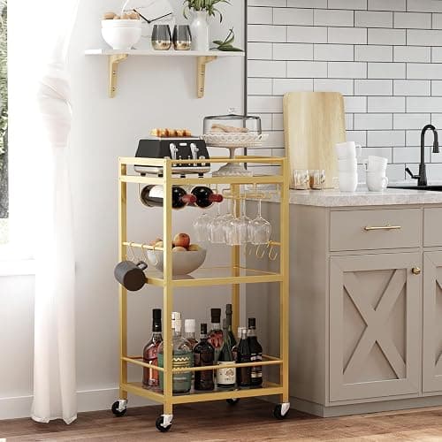 TUTOTAK Bar Cart, Home Bar Serving Cart with 3-Tier Mirrored Shelf, Drink Cart, Mobile Kitchen Shelf with Wine Rack, Gold BC01BB033 thumbnail 4