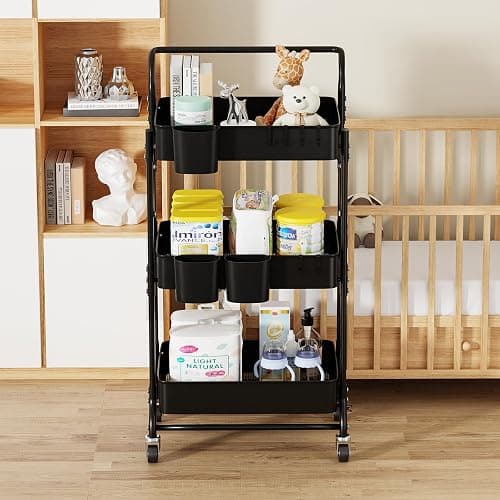 3 Tier Foldable Rolling Cart with Wheels, Folding Utility Cart Organizer, Collapsible Rolling Storage Cart with 3 Hanging Cups & 6 Hooks for Kitchen, Office, Nursery(Black) thumbnail 8