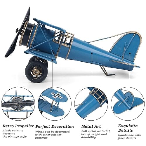 Phirown Vintage Airplane Decor,Airplane Cake Topper,4 Pack Retro Metal Plane Ornament for Home,Hanging Aircraft Biplane Handicraft for Christmas Birthday Gifts(Blue Large and Three Small) - Blue, 4 Pcs thumbnail 4