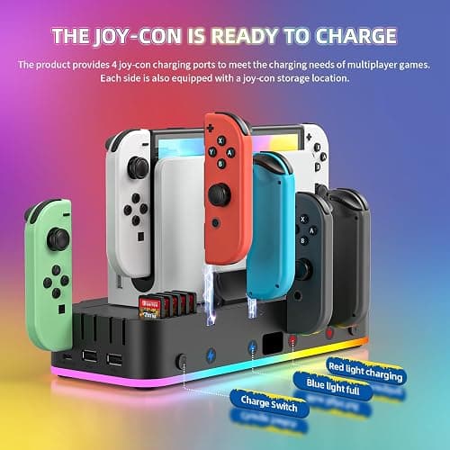 RGB Switch Wall Mount for Joy-Con Charger, Switch Holder for Nintendo Switch / OLED with Switch Organizer, Switch Accessories with 15 Light Mode, 4 Controller Charger, 2 USB Port, 10 Card Slot thumbnail 4