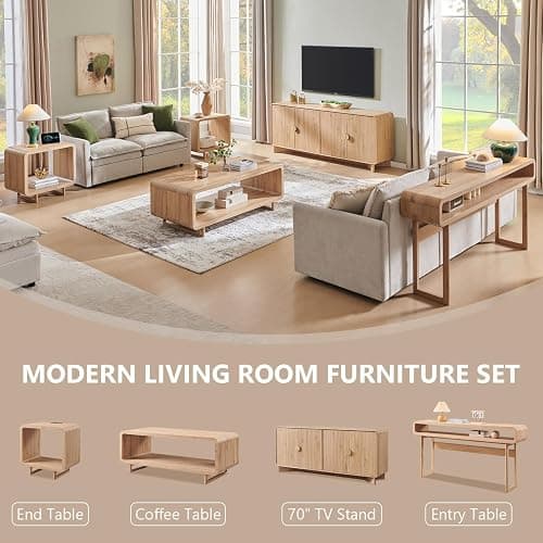 IFGET 48" Modern Coffee Table, 2-Tier Minimalist Center Table with Storage Shelf, Curved Profile Design, Wooden Rectangular Living Room Table w/Wood Thick Design for Living Room, Office, Natural Oak thumbnail 7
