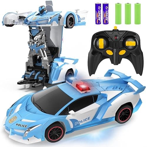 FDJ RC Cars - Transform Remote Control Car, 2.4Ghz 1:18 Scale Transforming Police Car Toy with Flashing Light, One Button Deformation 360 Degree Rotating Drifting Kids Toys Car for Boys Girls - Image 1