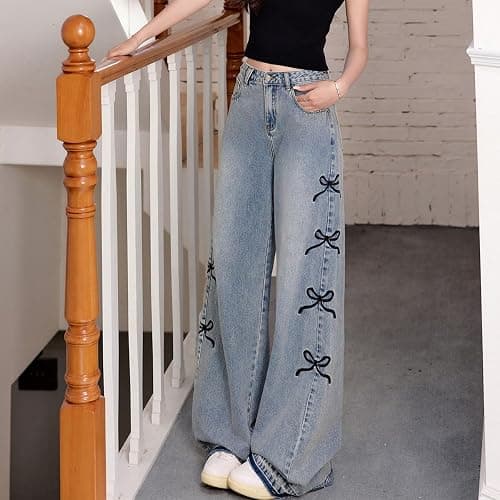 kakarin choyx Fashion Women's Jeans Y2K High Waist Casual Vintage Baggy Straight Cut Cute Bow Embroidered Denim Pants thumbnail 8