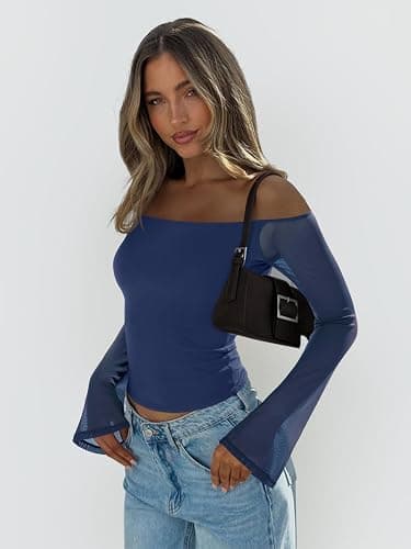 REORIA Off The Shoulder Tops for Women Tube Double Lined Mesh Going Out Shirts 2025 Fall Fashion Trendy Tops thumbnail 3