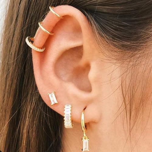 ALEXCRAFT Small Gold Hoop Earrings Set for Women Diamond Pave Gold Earrings Set with Sterling Silver Post thumbnail 3