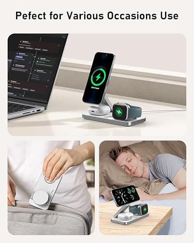 VBA 3 in 1 Wireless Charging Station for Apple MagSafe Charger,Foldable Fast Charging Magnetic Wireless Charger Stand,Travel Charger for iPhone 17 Air 16 15 14 13 12,Apple Watch,AirPods Pro(White) thumbnail 2