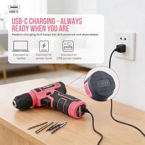 Hi-Spec 8V Cordless Drill Set & Tool Kit for Women – Ladies Complete Rechargeable Electric Power Drill Driver with Starter Tools, Compact Hand Toolbox, Pink, Ideal for Home Projects thumbnail 5