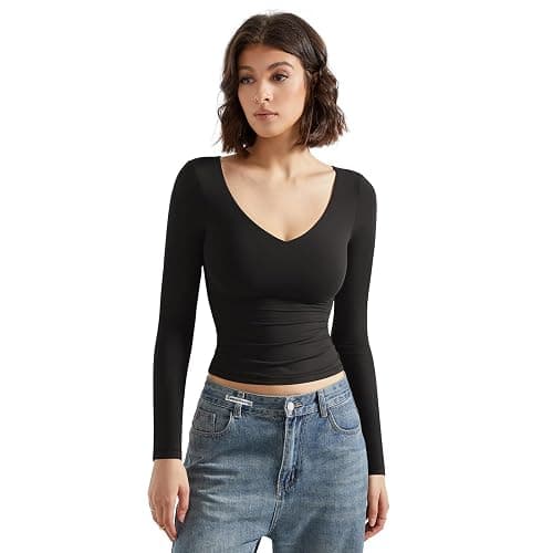 SUUKSESS Women Double Lined Casual V Neck Crop Tank Tops Basic Long Sleeve Shirts thumbnail 2