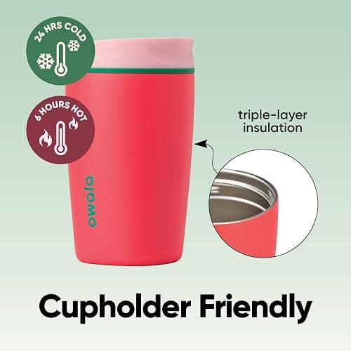 Owala SmoothSip Slider Insulated Stainless Steel Coffee Tumbler, Reusable Iced Coffee Cup, Hot Coffee Travel Mug, BPA Free 12 oz, Pink/Red (Strawberry Fields) thumbnail 4