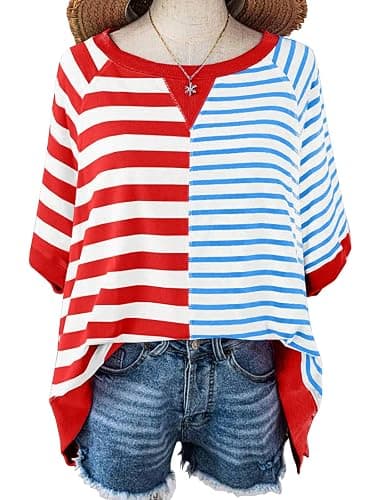 Womens 2025 Oversized Short Sleeve Sweatshirt Striped Shirt Crewneck Pullover Loose Crop Tops - Red and Blue - Large thumbnail 3