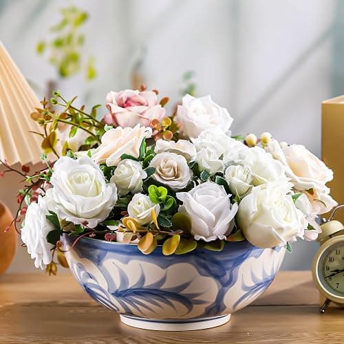 Maxdot Blue and White Bowl 10 x 5 Inch Large Hand Painted Stoneware Decorative Vase Bowl with Floral Chinoiserie Ceramic Design for Kitchen Centerpiece Creative Home Decor thumbnail 2