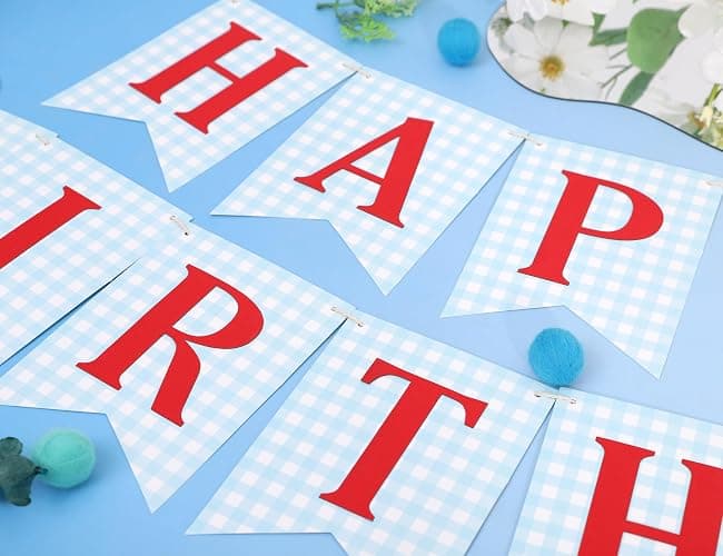 Blue and red Happy Birthday Banner - Happy 1st Birthday decorations, Blue Gingham with Red Letters Happy Birthday Banner thumbnail 6