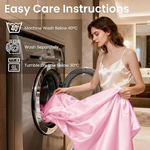 Love's cabin Satin Queen Sheets Set, 4 Pieces, Pink, 15" Deep Pocket | Luxury Silky Touch Bedding Set: Fitted Sheet, Flat Sheet & Pillowcases, Soft Smooth Silk Feel, All-Around Elastic Snug Fit thumbnail 6