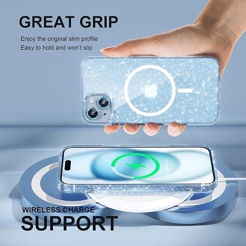 Choiche Compatible for iPhone 15 Case Magnetic, Women Clear Glitter Bling Sparkly Case, [2xDiamond Camera Lens Protectors] [2xTempered Glass Screen Protectors] [Compatible MagSafe] (Glitter Blue) thumbnail 6