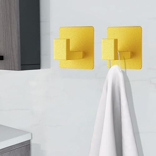 VAEHOLD Adhesive Towel Hooks, Heavy Duty Wall Hooks Aluminum Black Hooks for Hanging Coat, Hat, Towel, Robe, Clothes, Shower Hook for Door, Office, Kitchen, Bathroom - 2 Pack (Gold) - 2 Pack - Gold thumbnail 2