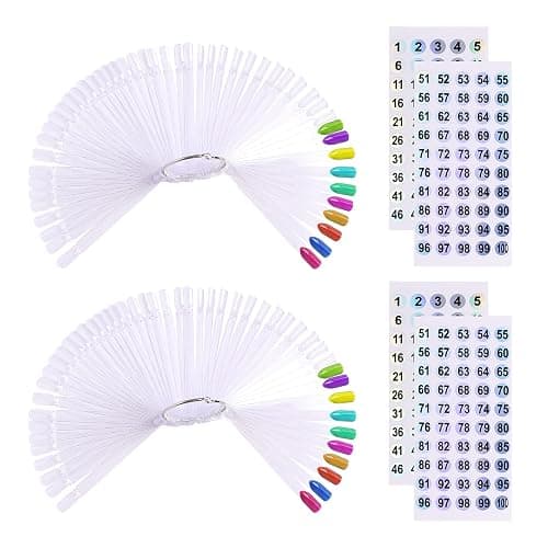 UPZIGS Nail Swatch Sticks with Number Stickers, Transparent-100pcs | Fan-Shaped Nail Art Practice Tips with Ring, 2 copies 1-100 Holographic Stickers, Nail Polish Color Display & Organization - Image 1