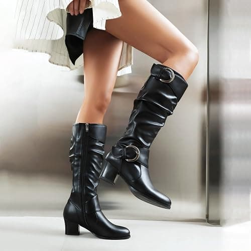 Pixoecuty Riding Boots Women Knee High Slouch Round Toe Buckle Victorian Tall Boots Block Mid Heel Knee-High Boots thumbnail 3