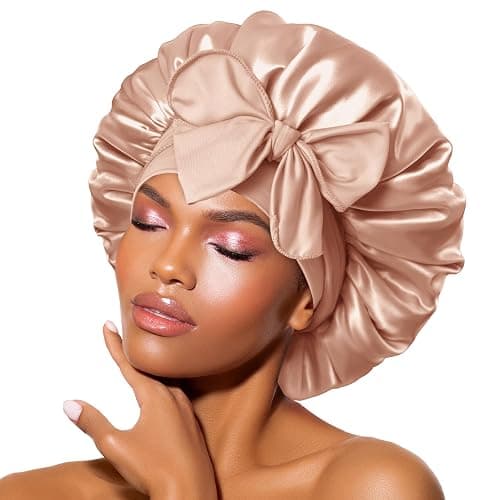 BONNET QUEEN Silk Bonnet for Sleeping for Curly Hair, Satin Bonnet Hair Wrap for Women & Men, Adjustable Silk Scarf Night Cap with Tie Band, Champagne thumbnail 4