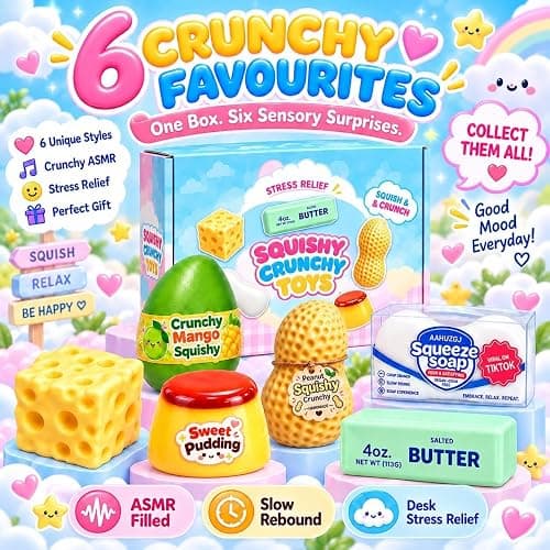 6 Pack Crunchy Squishy Box Slow Crunchy Squishies Mystery Fun Set (6PCS E) | Butter Peanut Pudding Cream Cheese Potato Asmr Filled, Squeeze Stress Ball Rebound Calming Desk Decor Moldable Adults thumbnail 2