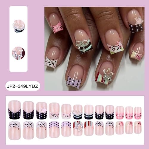 OCTOSWAVE Square Short Press on Nails with 3D Bows, Stars, Stripes & Polka Dots - 24Pcs Acrylic Fake Nails - Trendy Nail Art for Parties, Outdoors & Office thumbnail 3