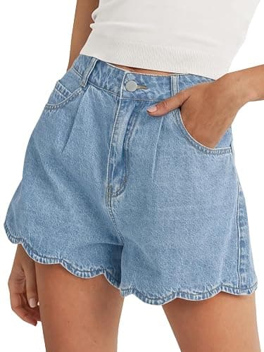 Tankaneo Womens High Waist Jean Shorts Summer Casual Scalloped Hem Cute Trendy Loose Fit Denim Shorts - Image 1
